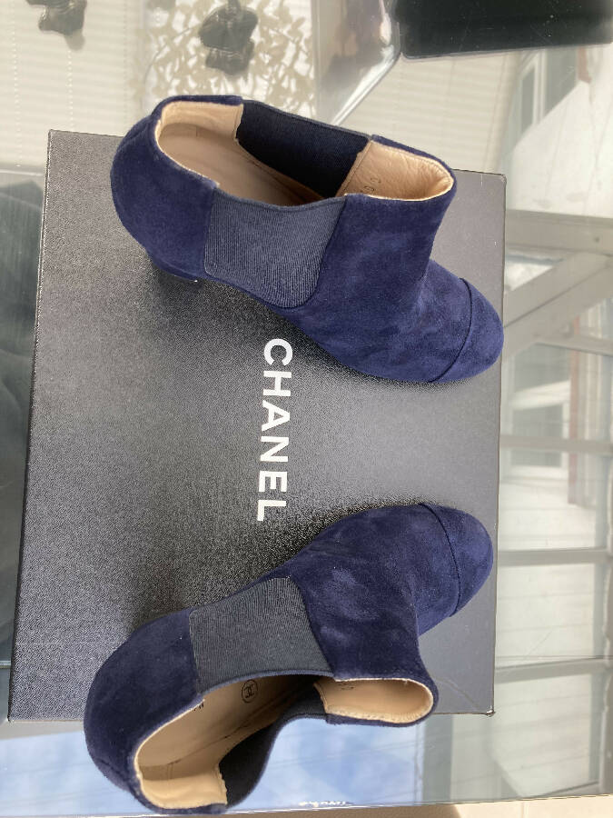 Chanel women’s navy suede block-heels ankle boots