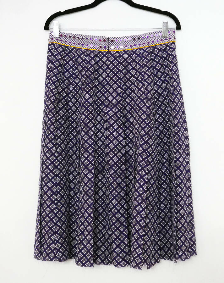 BOTTEGA VENETA women's purple gingham checkered silk pleated skirt with yellow piped trim