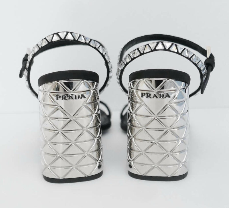 Prada silver and black leather Disco Ball heeled sandals
